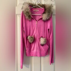 Juicy Couture Hot Pink Hoodie with Brown Faux Fur Trim around hood